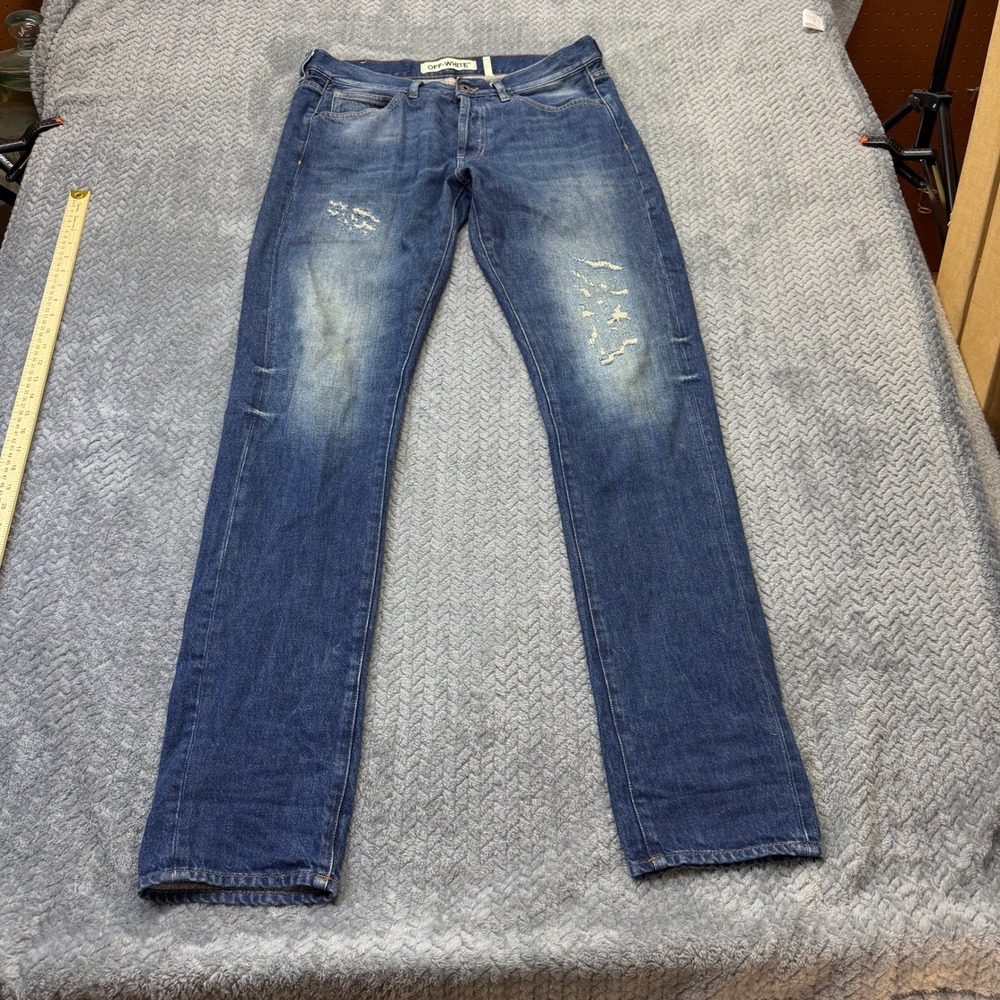 Off-White Jeans Mens 34x36‎ Blue Distressed Diagonal Stripe Made in Italy
